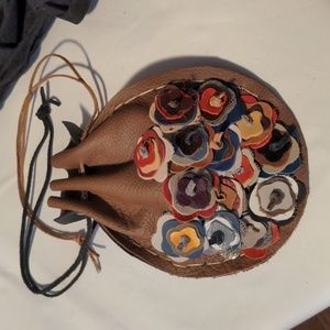 NEW! Handmade Genuine Leather Tan/Black Trinket Pouch Multi Color Flower Rosette